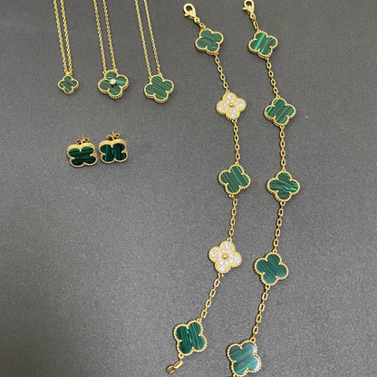 Vintage Blätter Grünes Armband & Ohrringe & Halskette 6er Set (Gold)