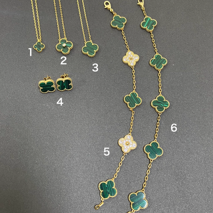 Vintage Blätter Grünes Armband & Ohrringe & Halskette 6er Set (Gold)