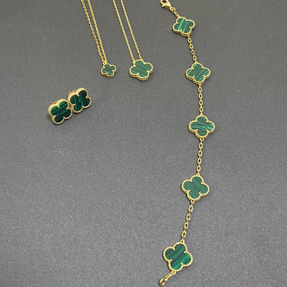 Vintage Blätter Grünes Armband & Ohrringe & Halskette 6er Set (Gold)