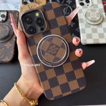 Coque de téléphone traditionnelle avec support MagSafe pour iPhone (treillis marron)