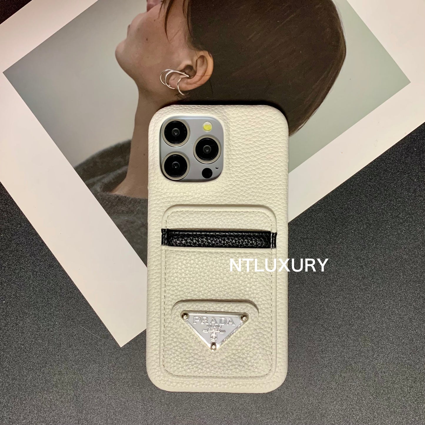 Étui de téléphone à motif litchi avec poche pour iPhone