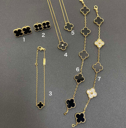 Vintage Leaves Black Bracelet & Earrings & Necklace 7 Set (Gold)