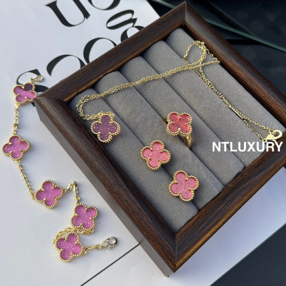 Leaves Gold Designs 4 Set (Earrings+Ring+Bracelet +Necklace) - Pink New