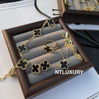 Leaves Gold Designs 4 Set (Earrings+Ring+Bracelet +Necklace) - Black