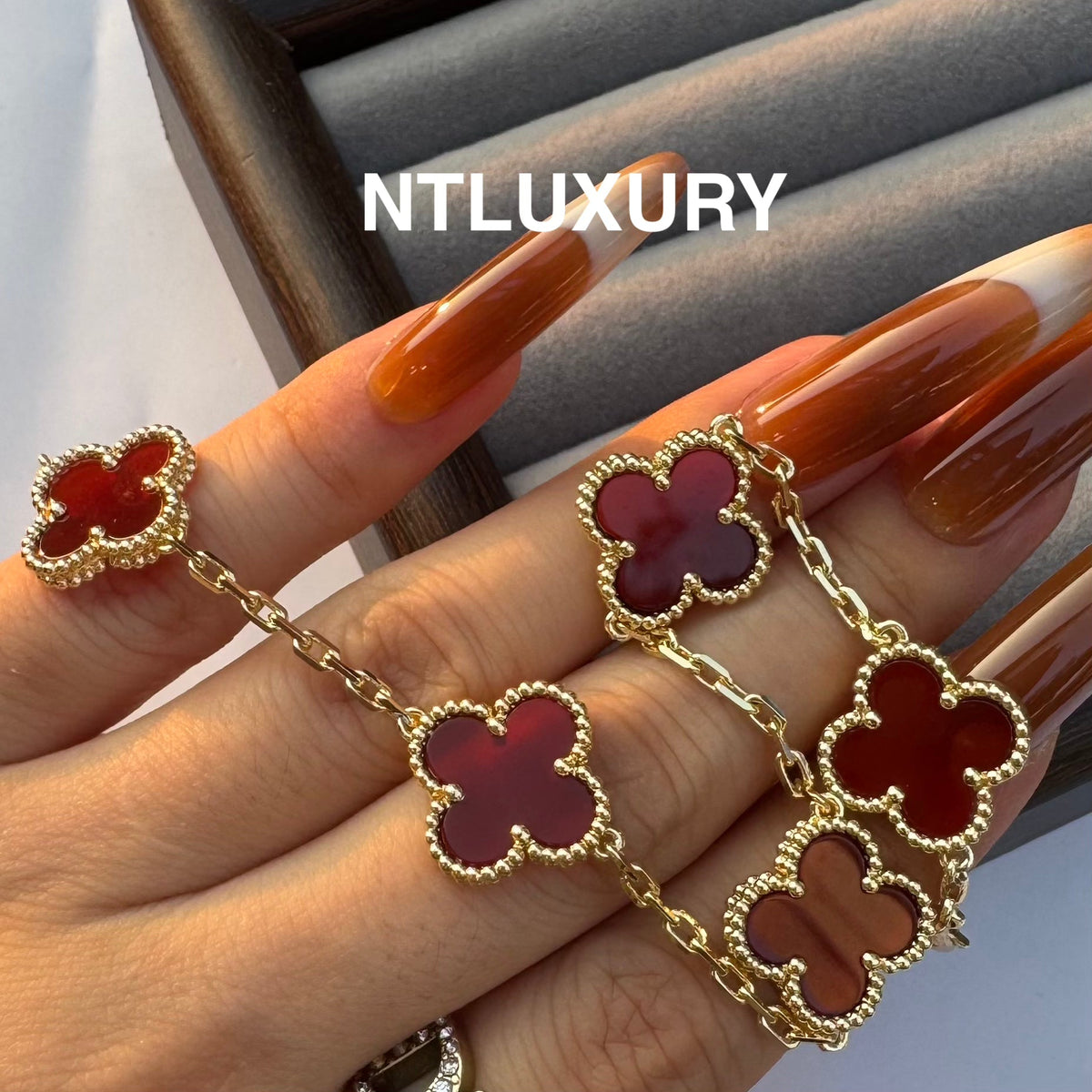 Leaves Gold Designs 4 Set (Earrings+Ring+Bracelet +Necklace) - Red