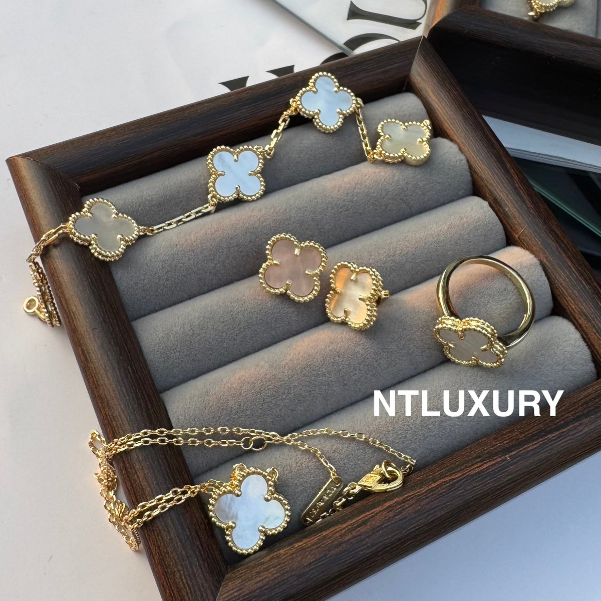 Leaves Gold Designs 4 Set (Earrings+Ring+Bracelet +Necklace) - White Shell