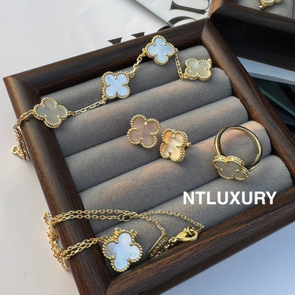 Leaves Gold Designs 4 Set (Earrings+Ring+Bracelet +Necklace) - White Shell