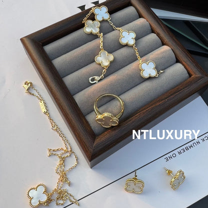 Leaves Gold Designs 4 Set (Earrings+Ring+Bracelet +Necklace) - White Shell