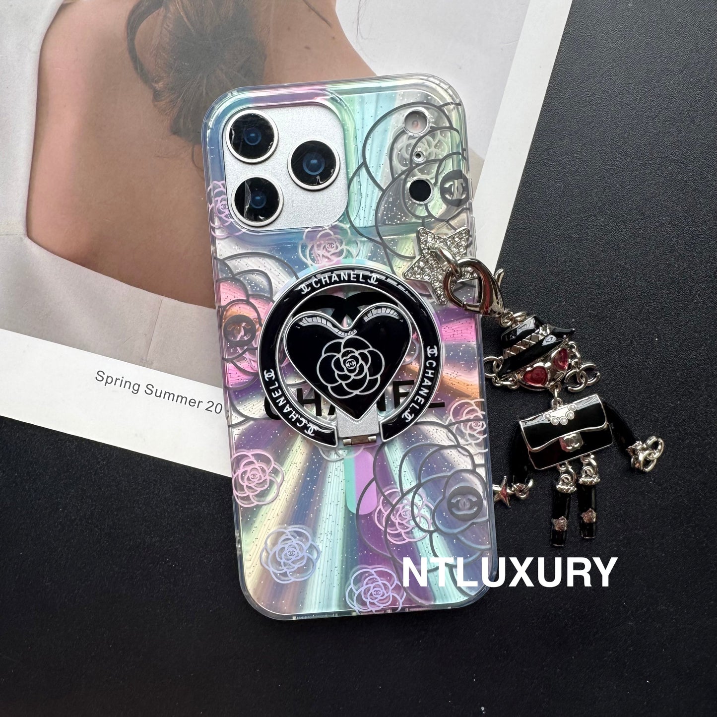 Coque de téléphone Laser Shining C avec support Magsafe et pendentif