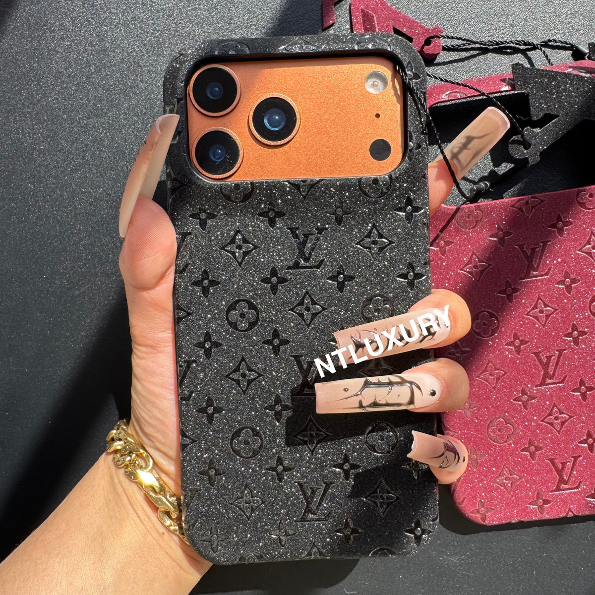 Étui de téléphone Fille Petit Amour en Cuir Pailleté