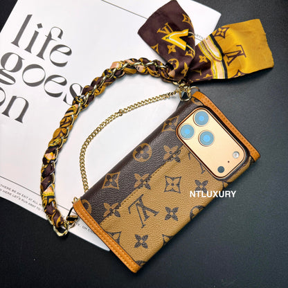 Funda para teléfono con diseño de cartera de chica Dophine y cadena de bufanda (12 colores)