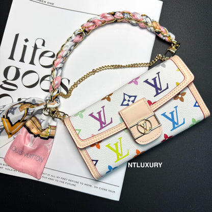 Funda para teléfono con diseño de cartera de chica Dophine y cadena de bufanda (12 colores)