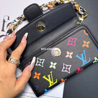 Funda para teléfono con diseño de cartera de chica Dophine y cadena de bufanda (12 colores)