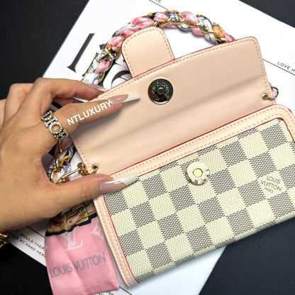Funda para teléfono con diseño de cartera de chica Dophine y cadena de bufanda (12 colores)