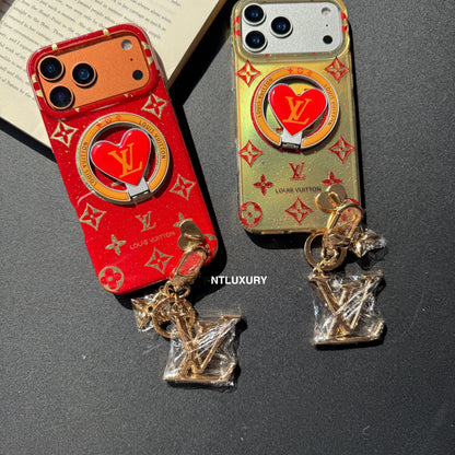 Coque de téléphone Amour à paillettes orange et rouge avec support Magsafe et pendentif (Lot de 3)