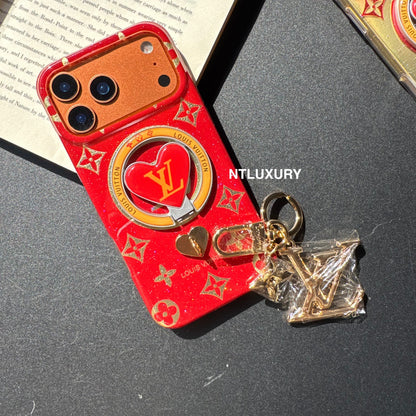 Coque de téléphone Amour à paillettes orange et rouge avec support Magsafe et pendentif (Lot de 3)