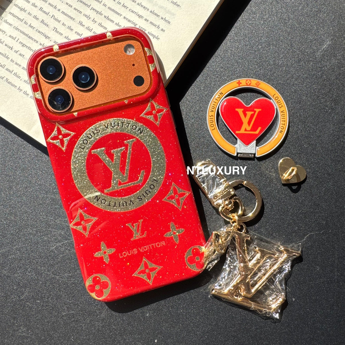 Coque de téléphone Amour à paillettes orange et rouge avec support Magsafe et pendentif (Lot de 3)