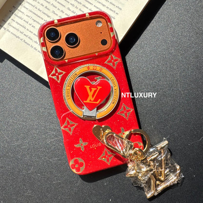 Coque de téléphone Amour à paillettes orange et rouge avec support Magsafe et pendentif (Lot de 3)