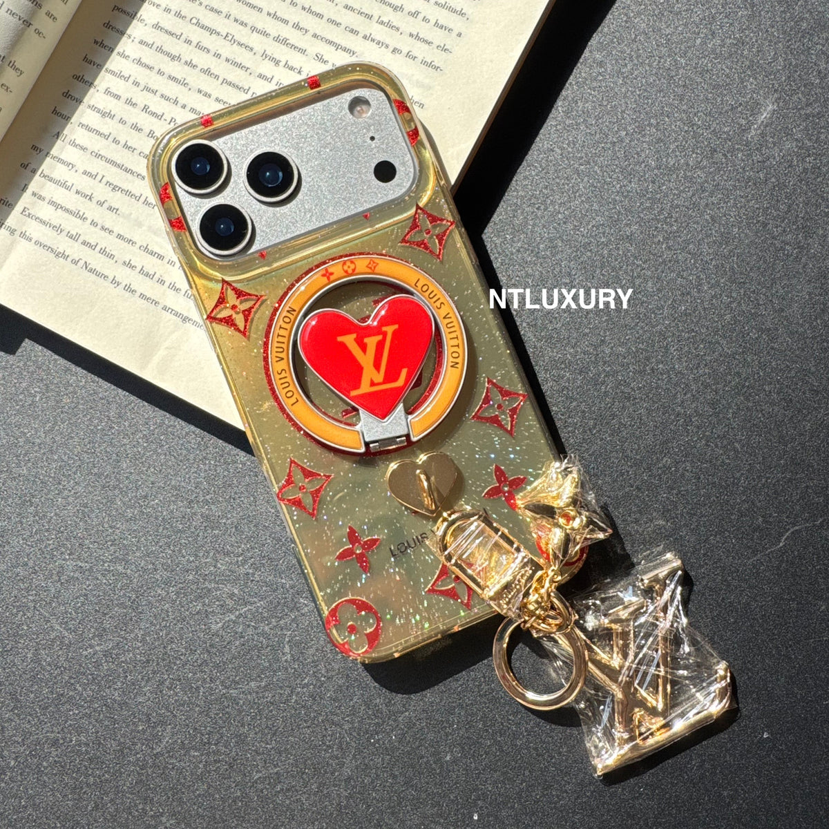 Coque de téléphone Amour à paillettes orange et rouge avec support Magsafe et pendentif (Lot de 3)