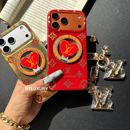 Coque de téléphone Amour à paillettes orange et rouge avec support Magsafe et pendentif (Lot de 3)