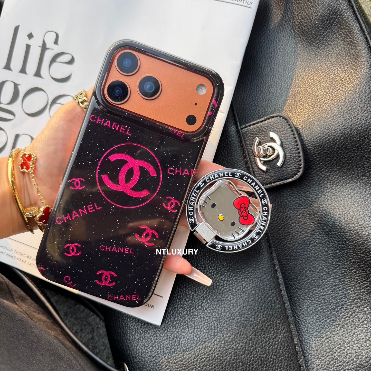 Black Pink CC Magsafe Phone Case with Cat Holder