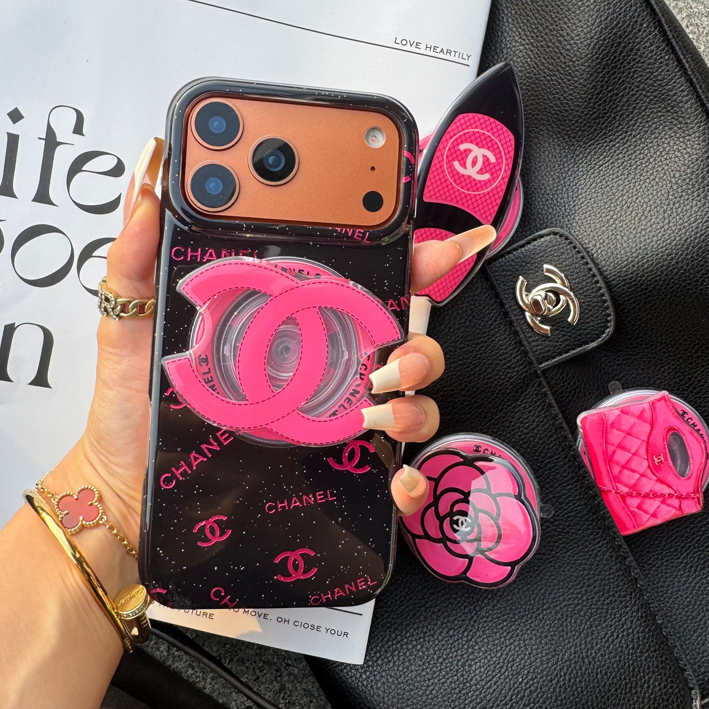 Black Pink CC Magsafe Phone Case with Cute Holder