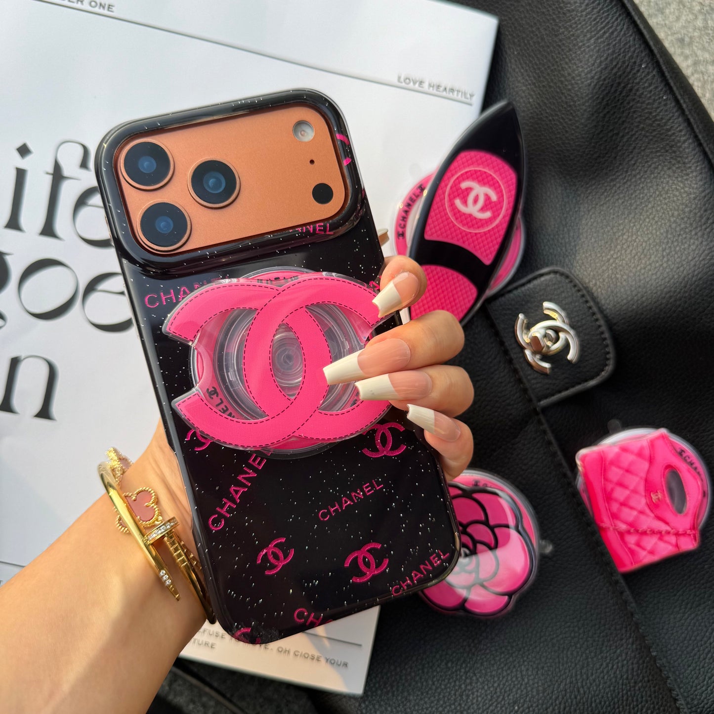 Black Pink CC Magsafe Phone Case with Cute Holder