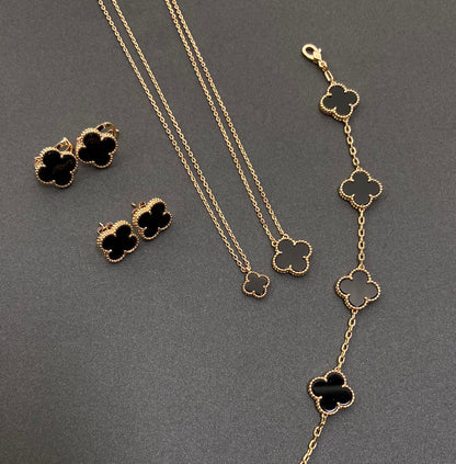 Vintage Leaves Black Bracelet & Earrings & Necklace 7 Set (Gold)