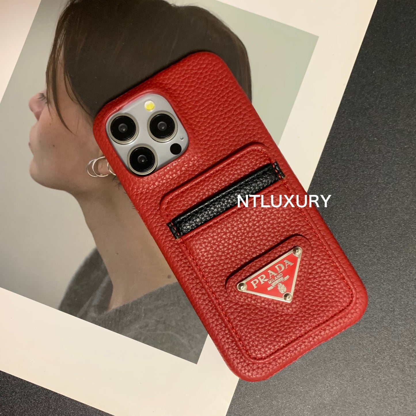 Étui de téléphone à motif litchi avec poche pour iPhone
