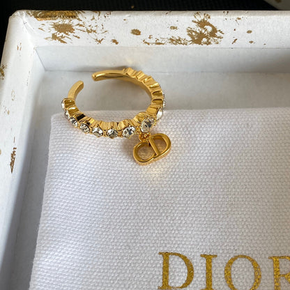 Bague ouverte pendentif lettre diamant de cristal
