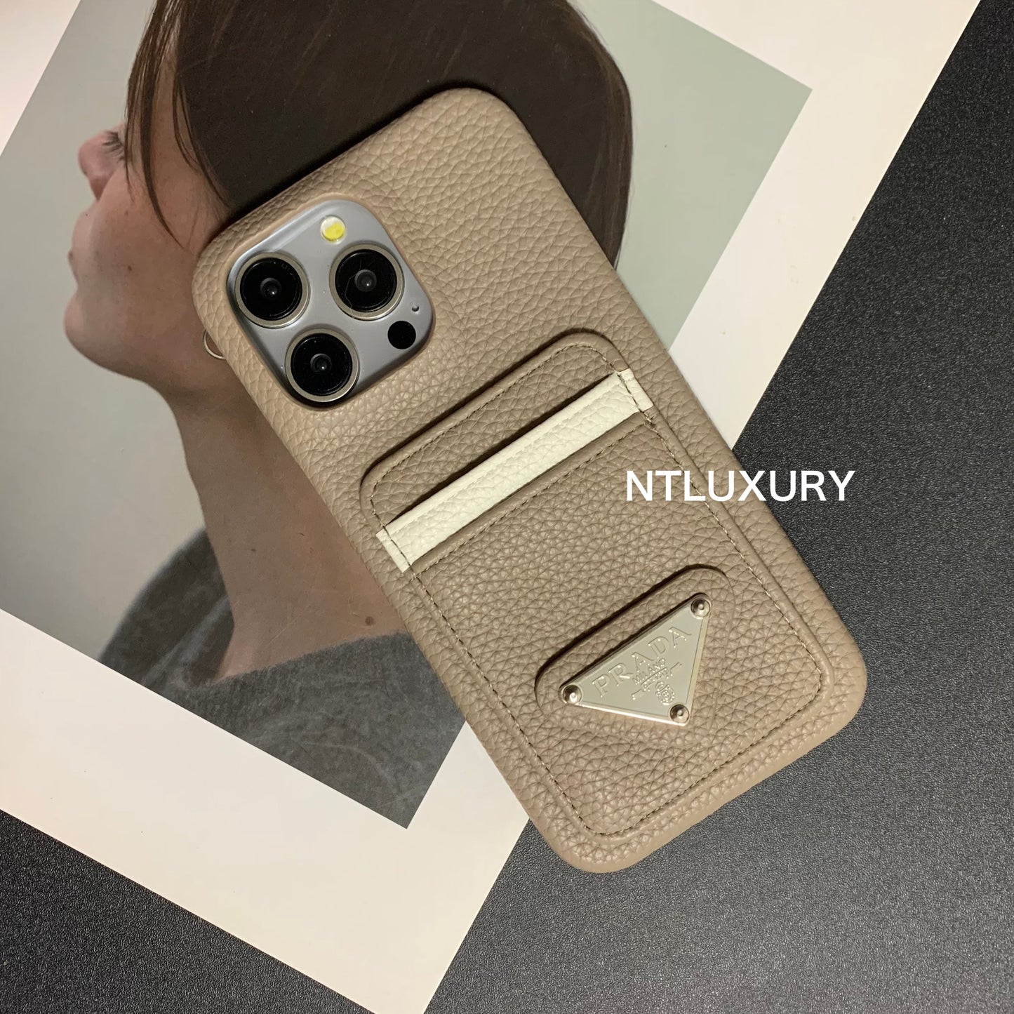 Étui de téléphone à motif litchi avec poche pour iPhone