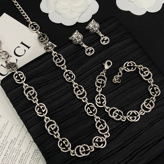 Retro Good Design 3 Set (Earrings+Bracelet +Necklace) - Silver