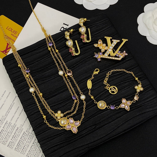 Multi-Layer Designs Love 4 Set (Earrings+Brooch+Bracelet +Necklace) -Gold