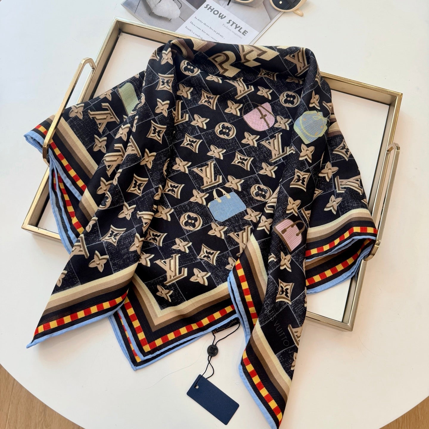 Chessboard Love Long Silk Scarf (Black)