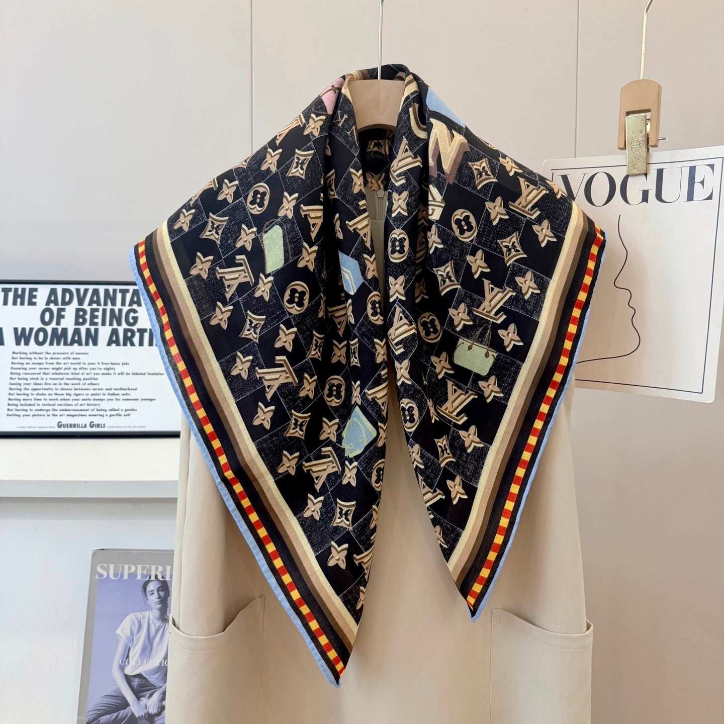Chessboard Love Long Silk Scarf (Black)