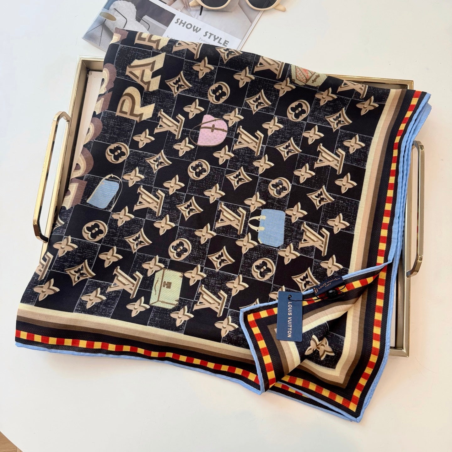 Chessboard Love Long Silk Scarf (Black)