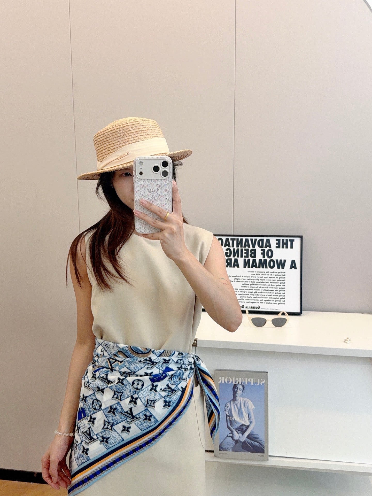 Chessboard Love Long Silk Scarf (Blue)