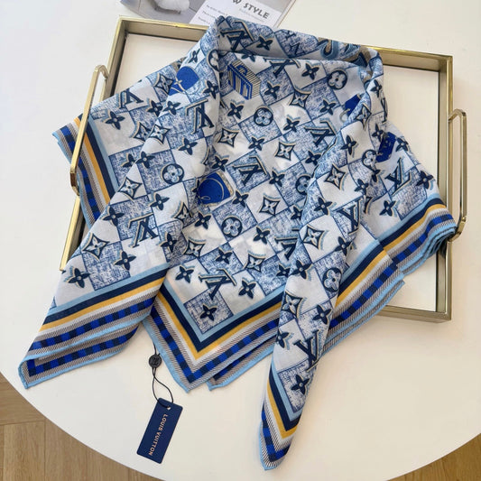 Chessboard Love Long Silk Scarf (Blue)