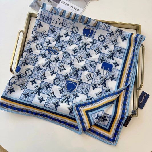 Chessboard Love Long Silk Scarf (Blue)