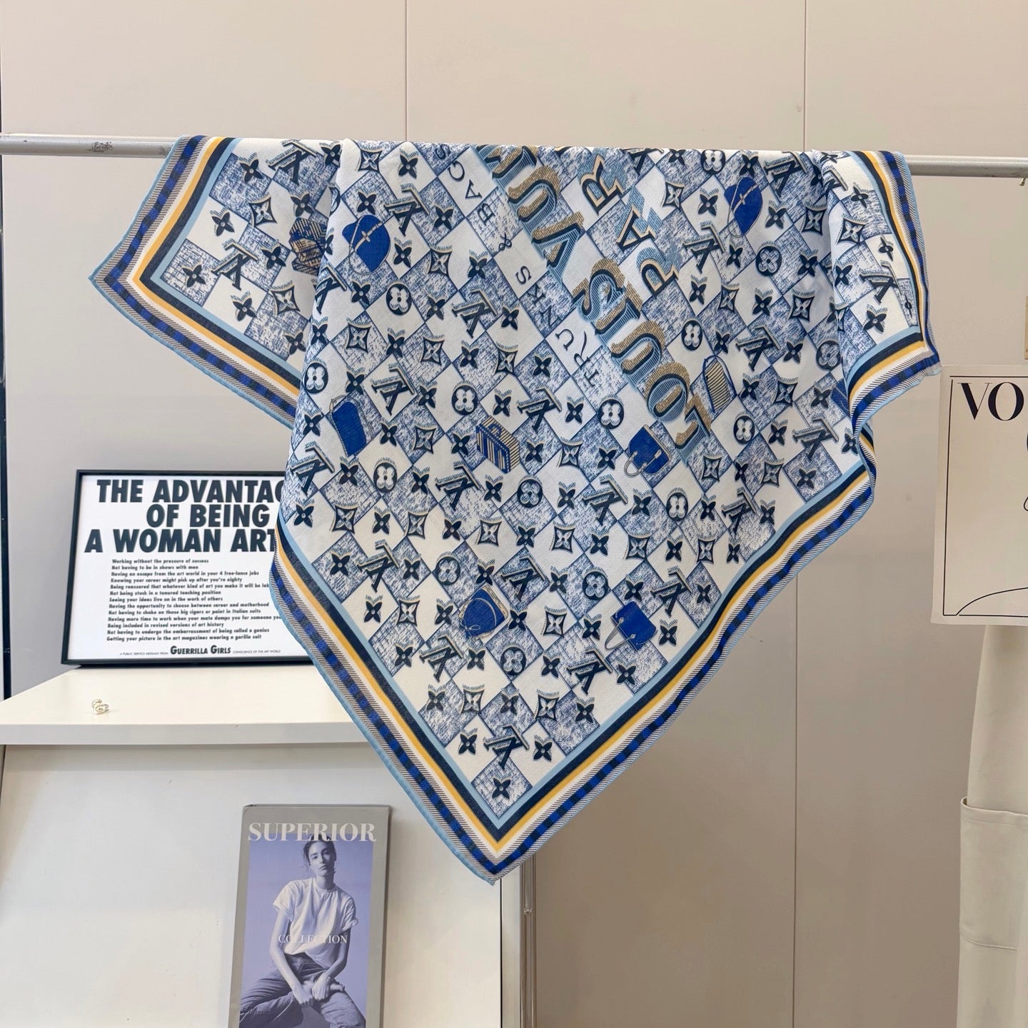 Chessboard Love Long Silk Scarf (Blue)