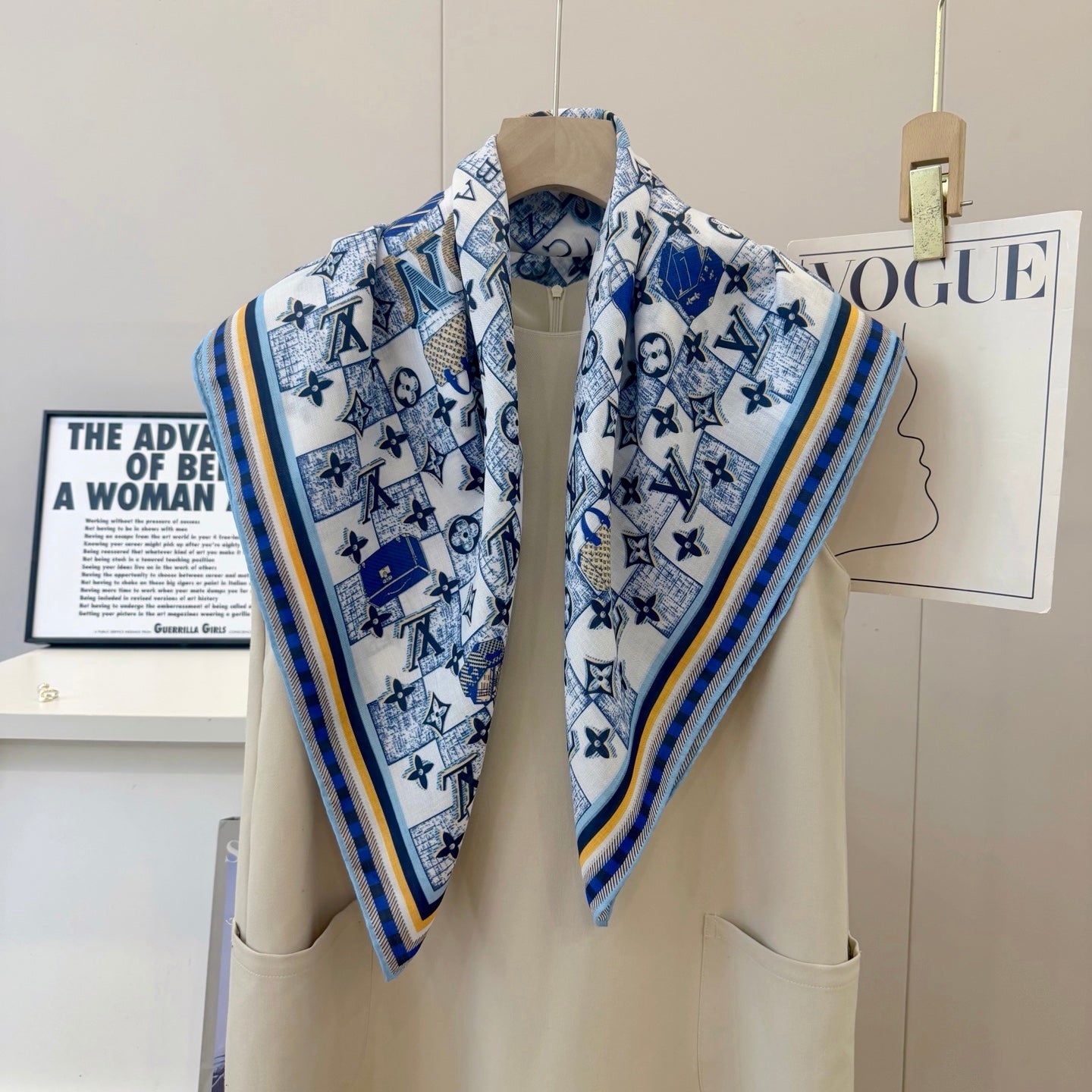 Chessboard Love Long Silk Scarf (Blue)