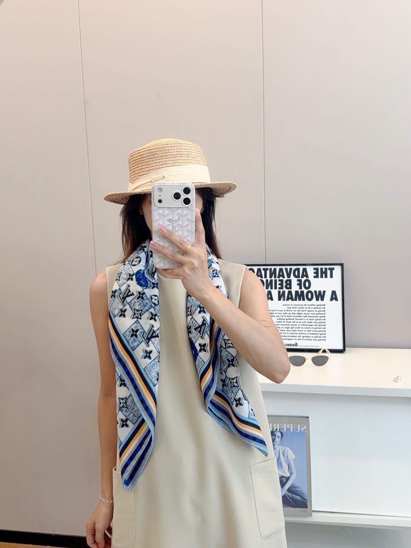 Chessboard Love Long Silk Scarf (Blue)