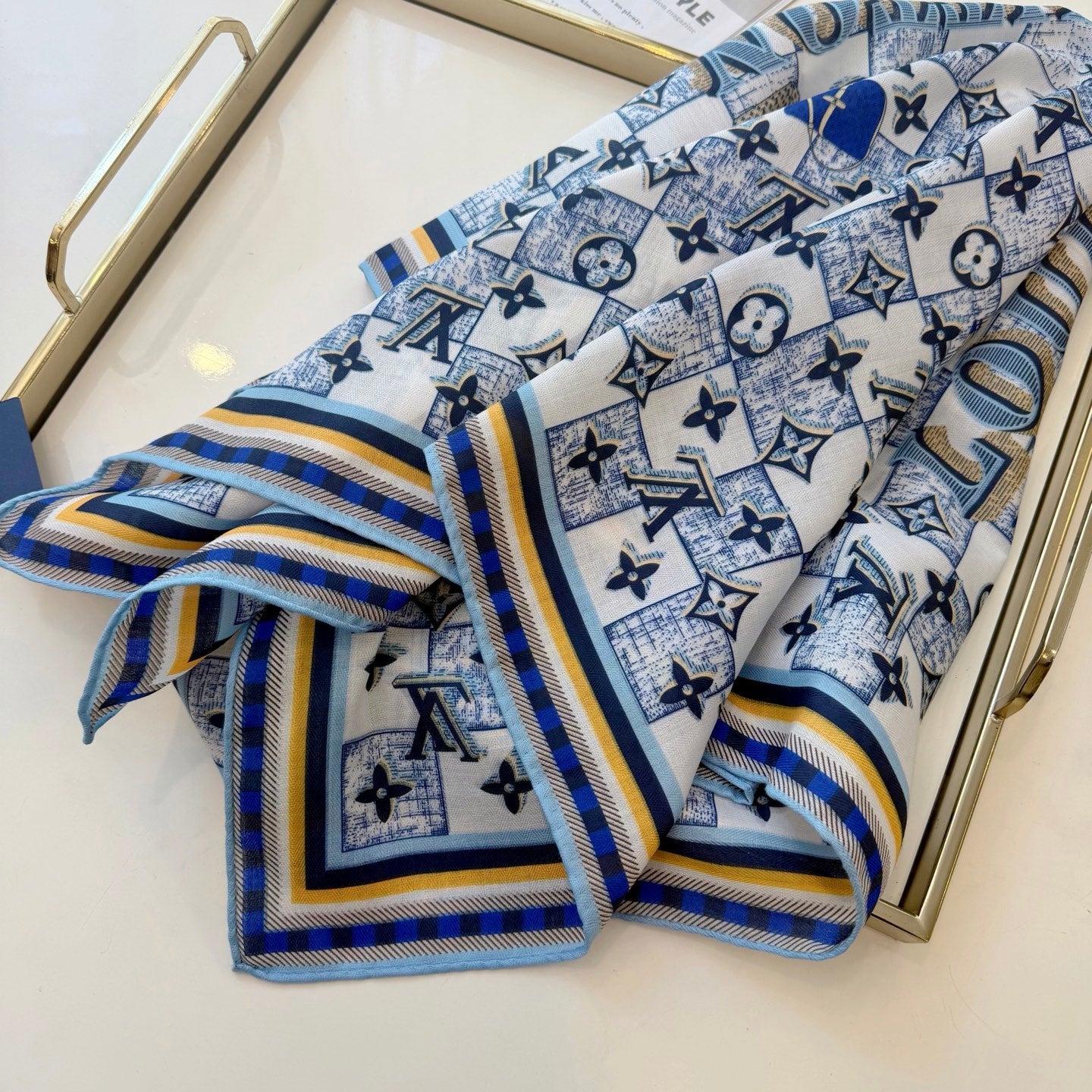 Chessboard Love Long Silk Scarf (Blue)