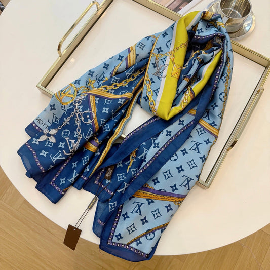 Love Chain Silk Long Scarf (Blue)