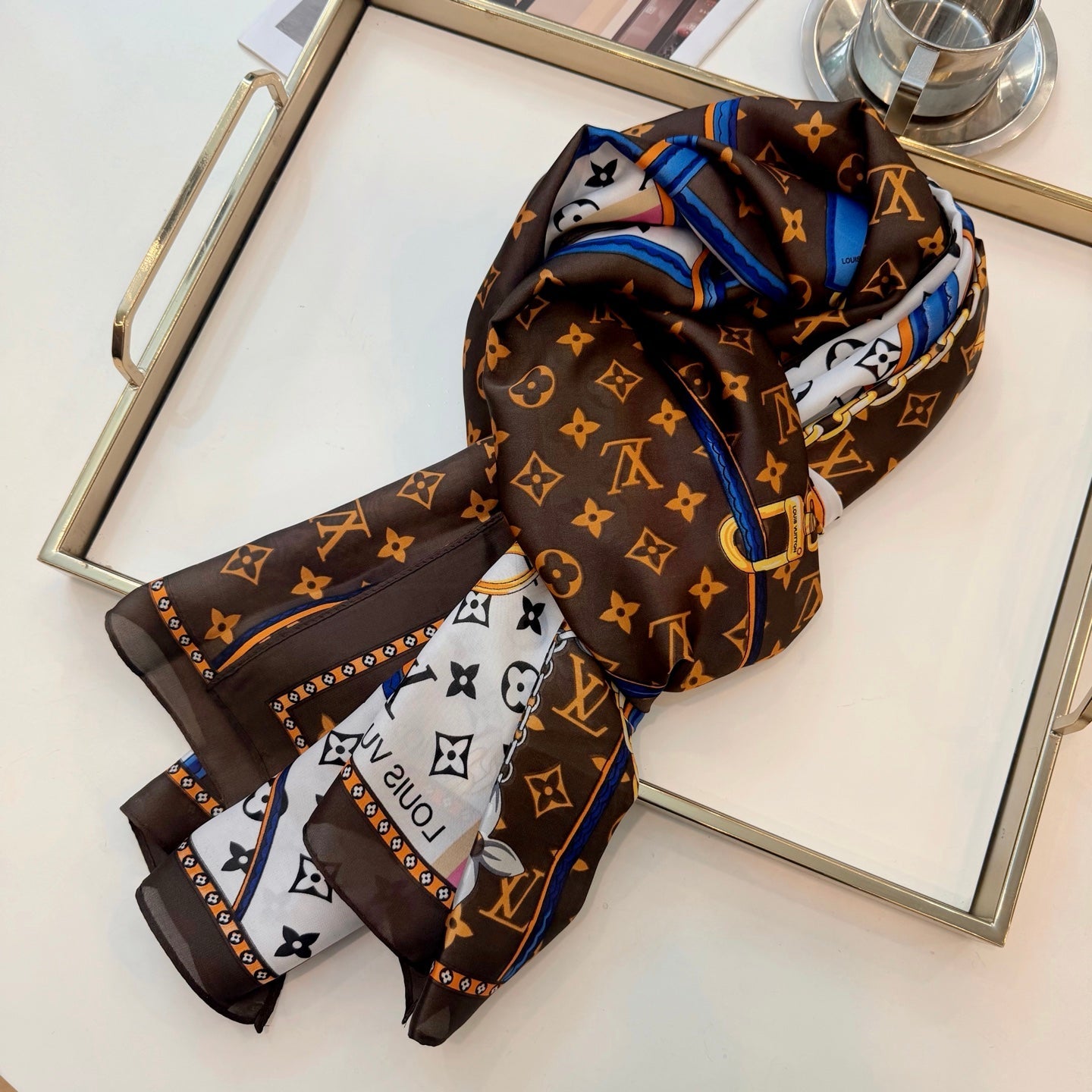 Love Chain Silk Long Scarf (Brown)