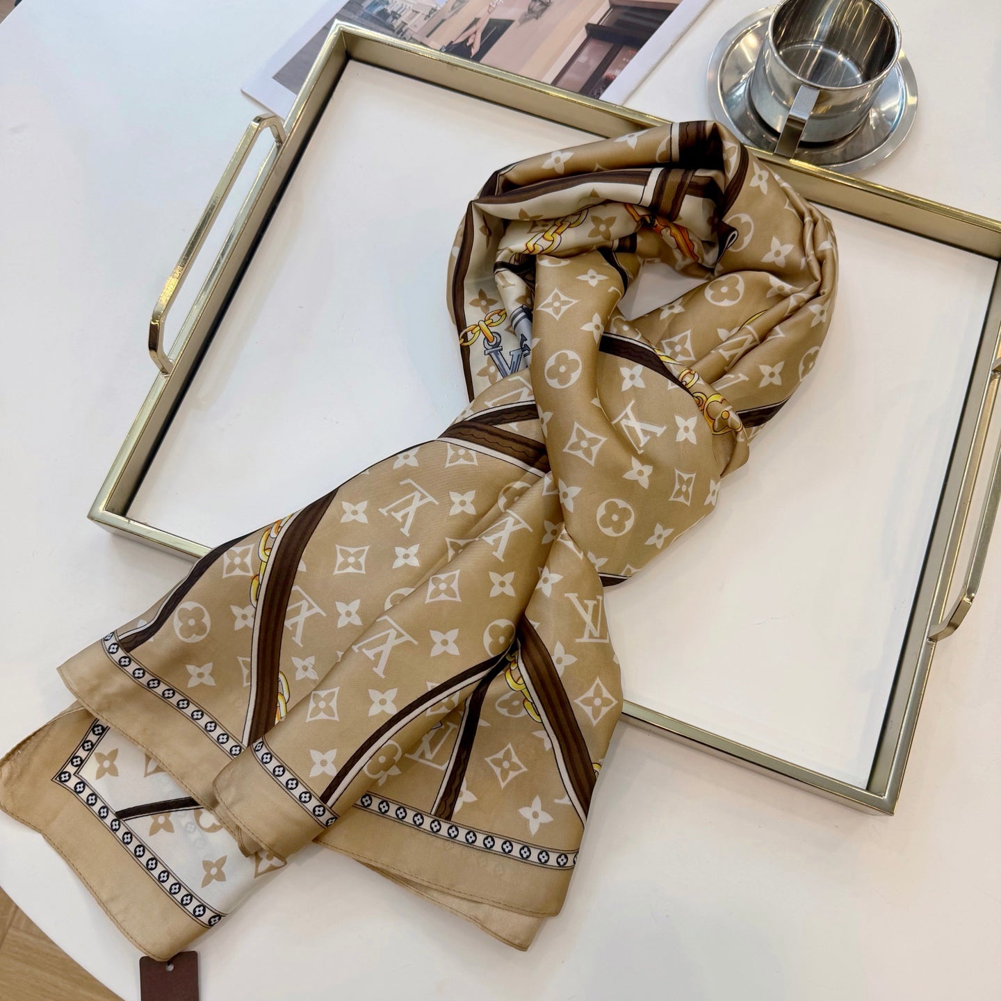 Love Chain Silk Long Scarf (Khaki)