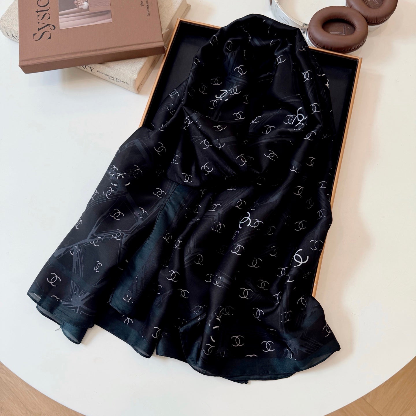 Full CC Silk Long Scarf (Black)