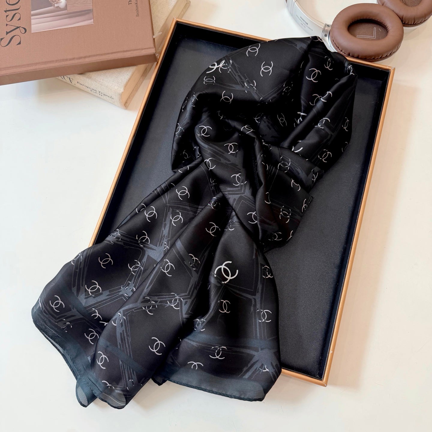 Full CC Silk Long Scarf (Black)