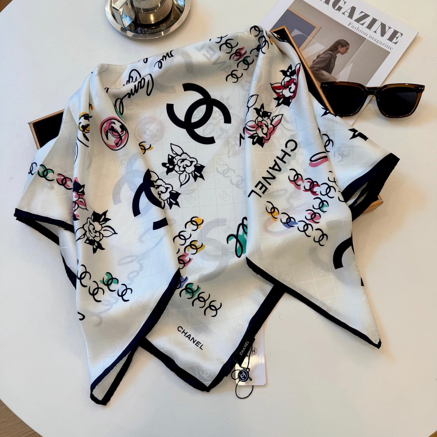Flower CC Square Silk Scarf