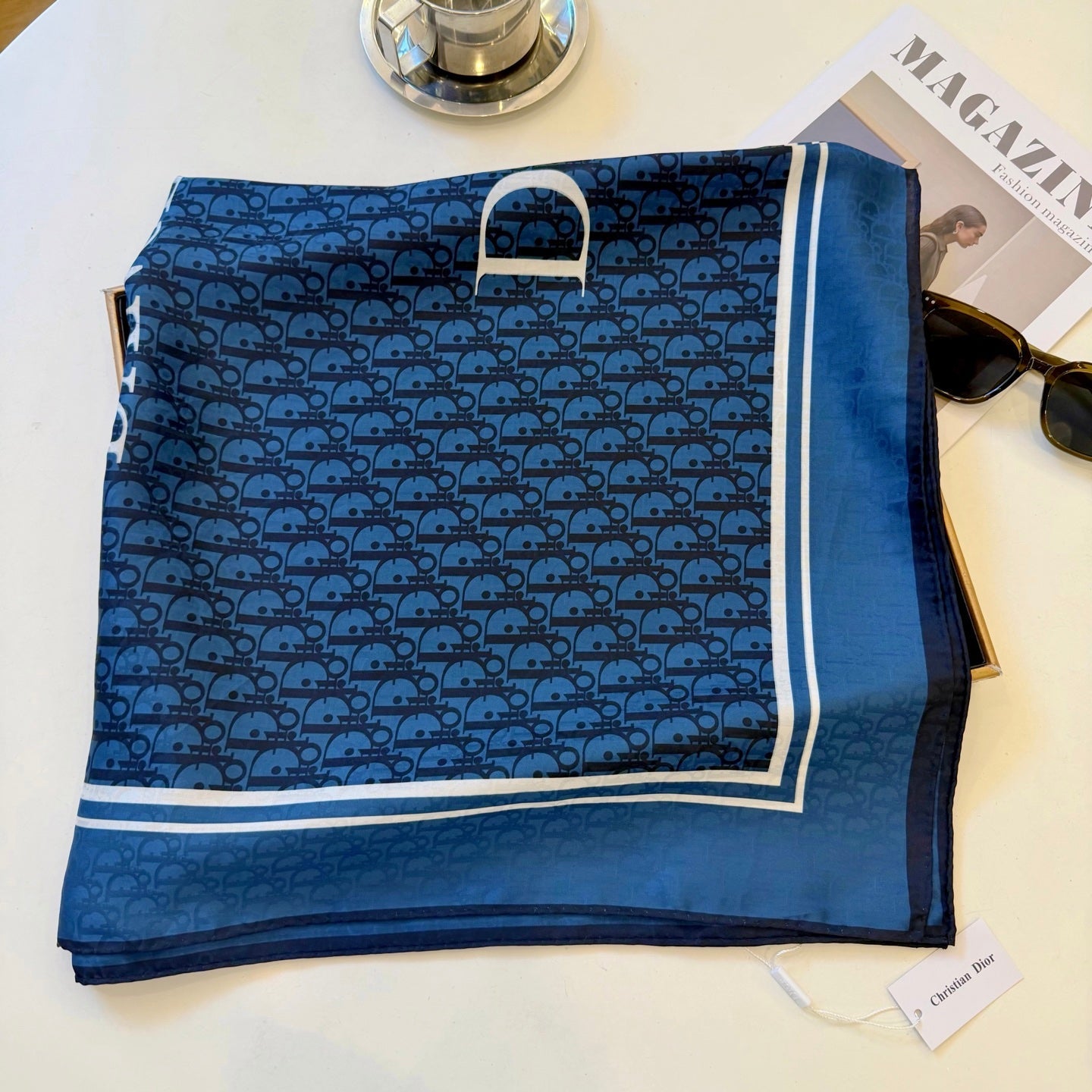 Floral Dove Square Silk Scarf (Blue)